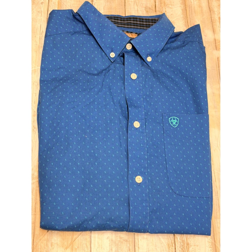 Ariat Mens WF Colin Fitted LS Shirt Blue Wrinkle Free Button Down Size Large